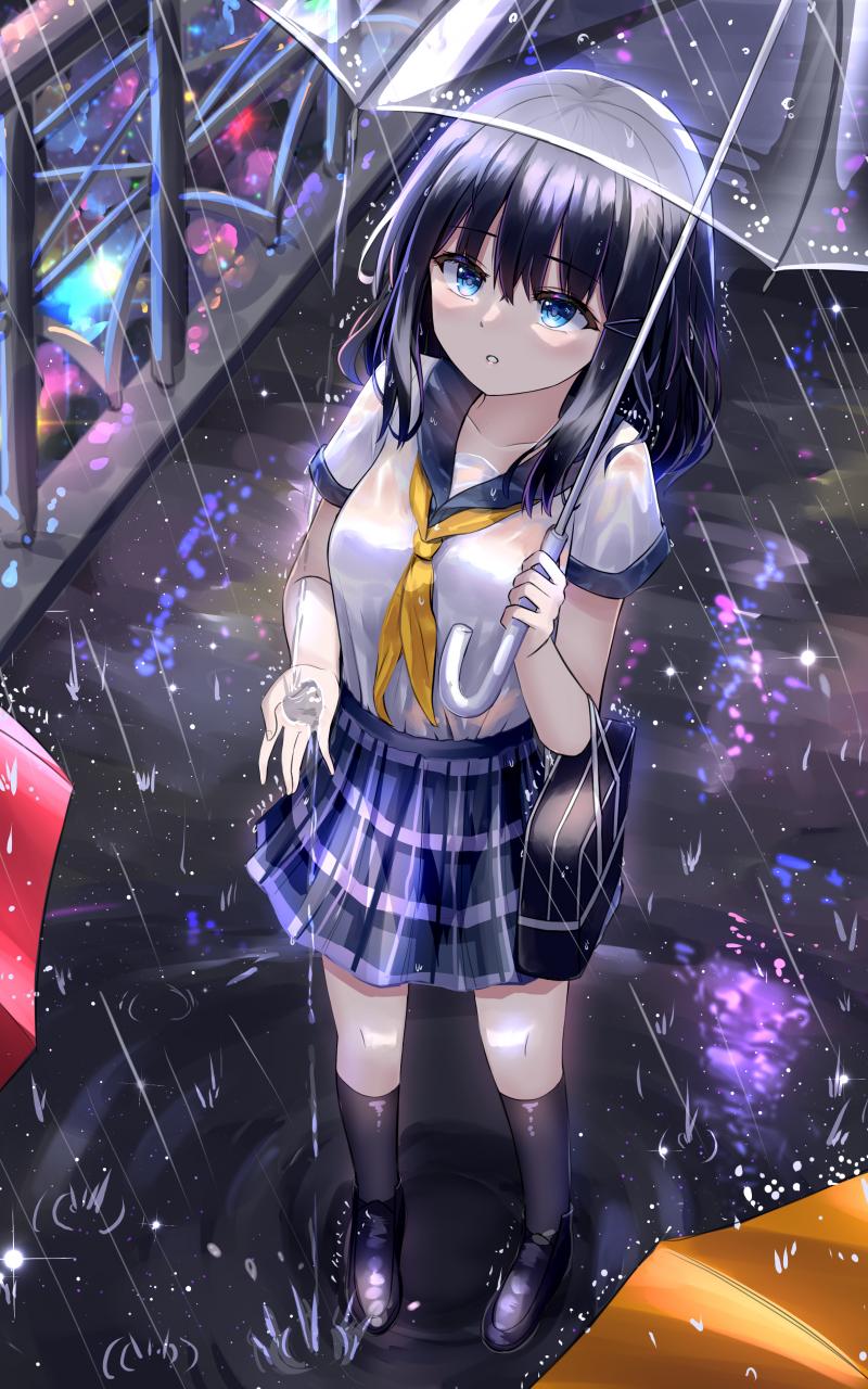 Girl Schoolgirl Umbrella Rain Anime