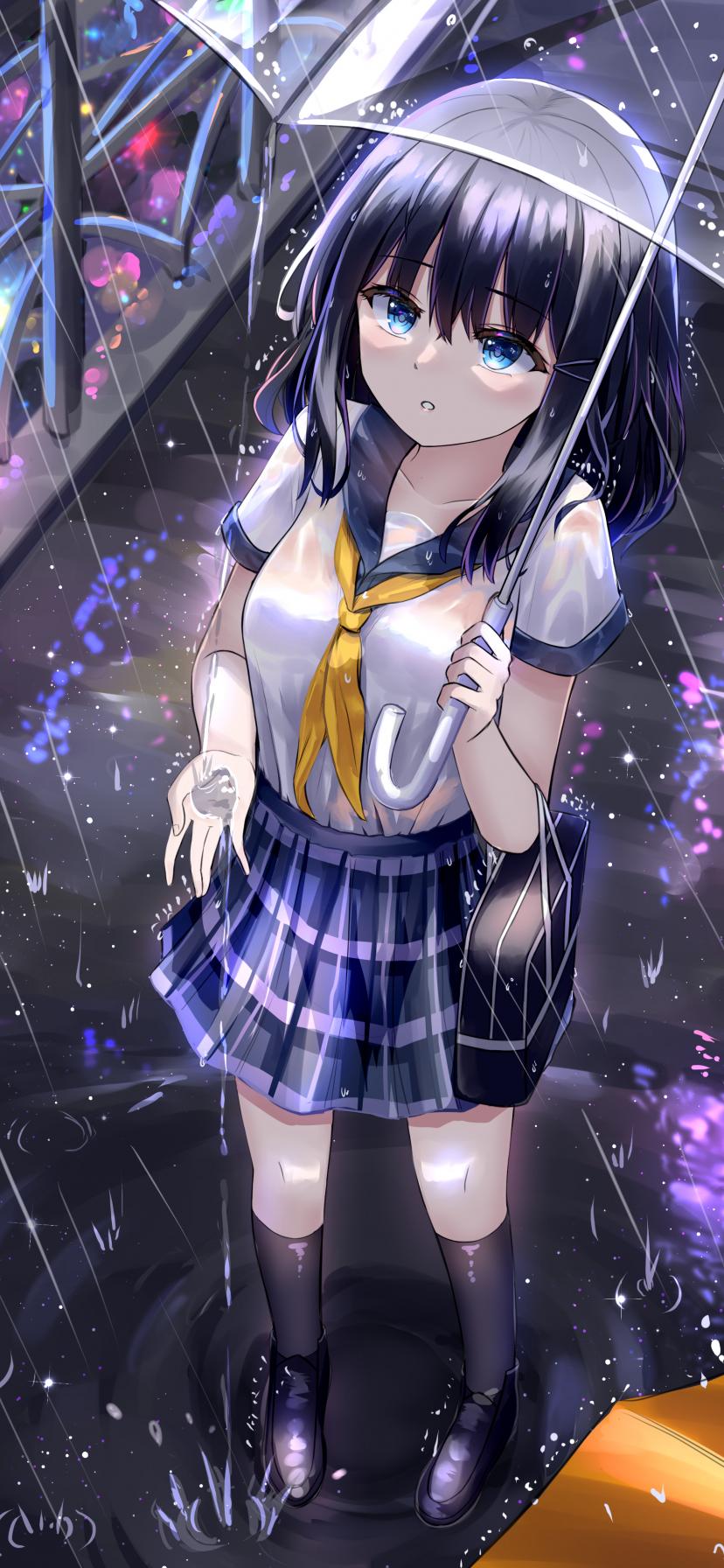 Girl Schoolgirl Umbrella Rain Anime