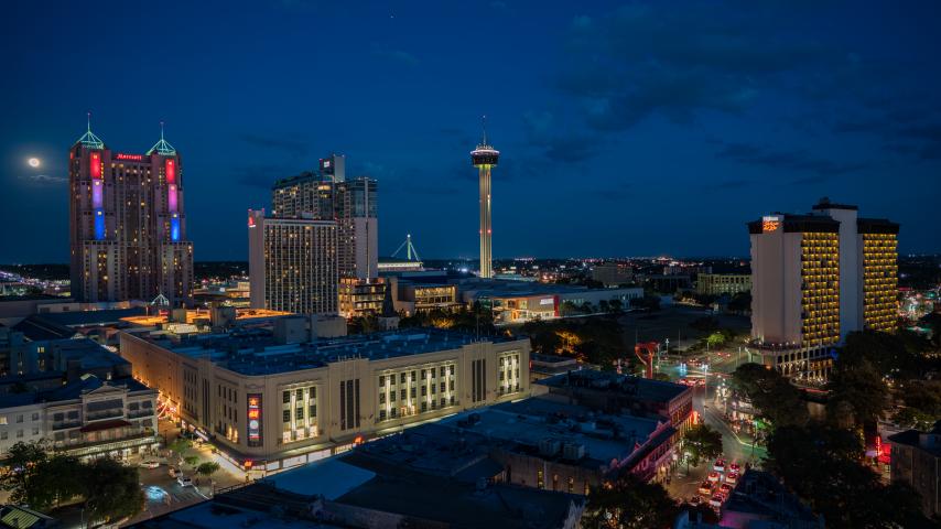 City Buildings Tower Lights Twilight Aerial-view