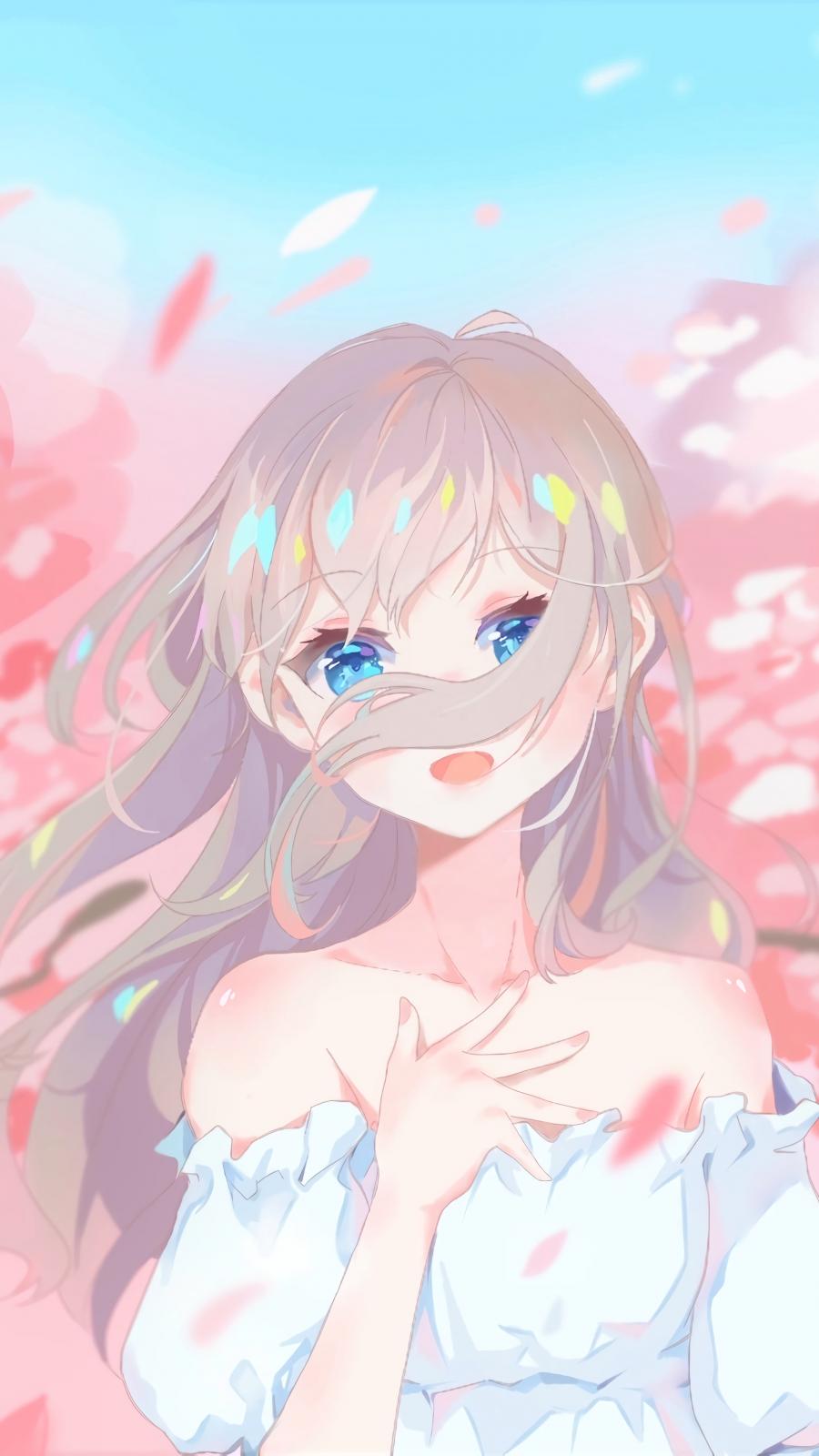 Girl Glance Sakura Petals Anime Art Cartoon