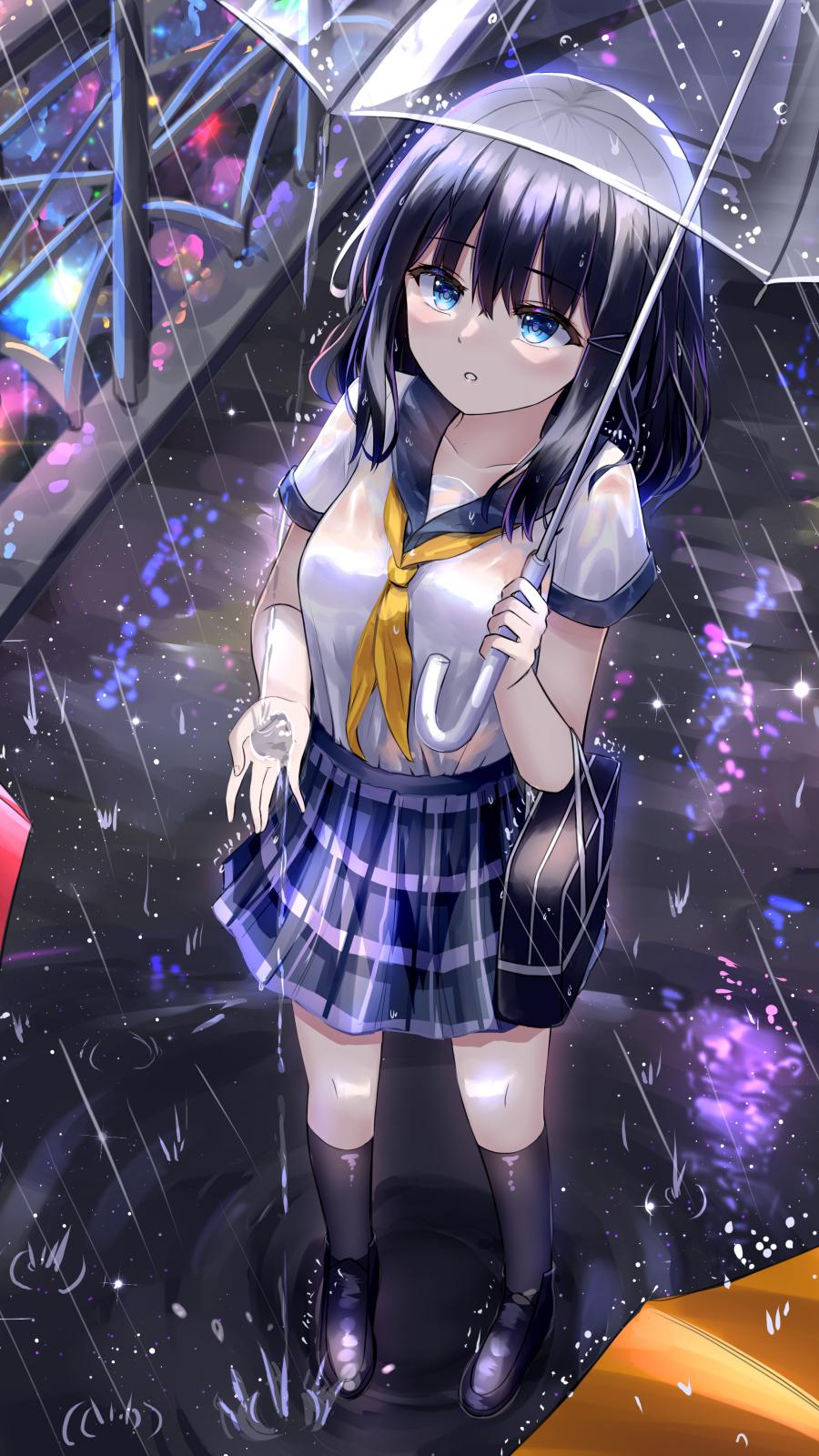 Girl Schoolgirl Umbrella Rain Anime