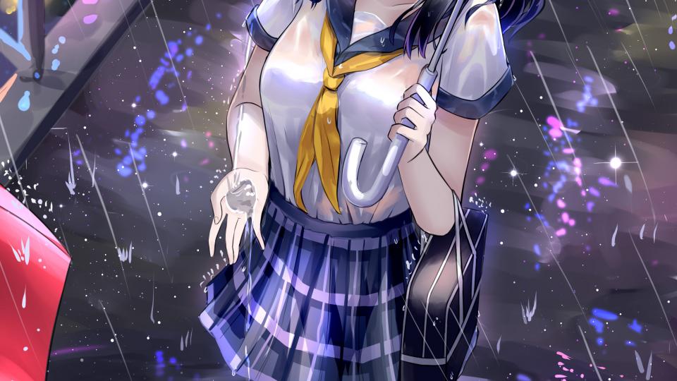Girl Schoolgirl Umbrella Rain Anime