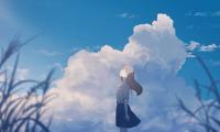 Girl Alone Smile Clouds Anime Art