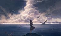 Girl Birds Clouds Sea Anime Art