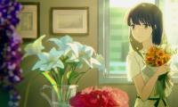 Girl Bouquet Flowers Anime Art