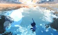 Girl Jump Water Reflection Clouds Anime Art