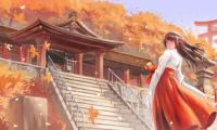 Girl Kimono Pagoda Autumn Anime Art