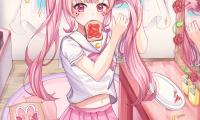 Girl Ponytails Toast Anime Art Pink