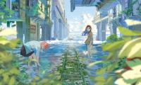 Girl Rails Water Clouds Anime
