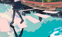 Girl Schoolgirl Road Reflection Anime Art