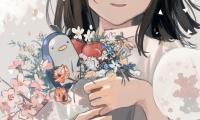 Girl Smile Bouquet Anime Art