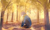 Guy Scarf Leaves Trees Autumn Anime