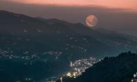 Mountains Valley City Lights Moon Fog Night
