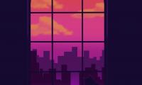 Window Cat Silhouettes Buildings Purple Art