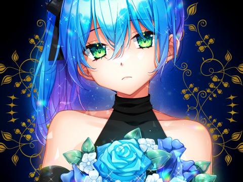 Girl Glance Bouquet Flowers Anime Art Blue