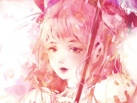 Girl Glance Umbrella Anime Art Pink