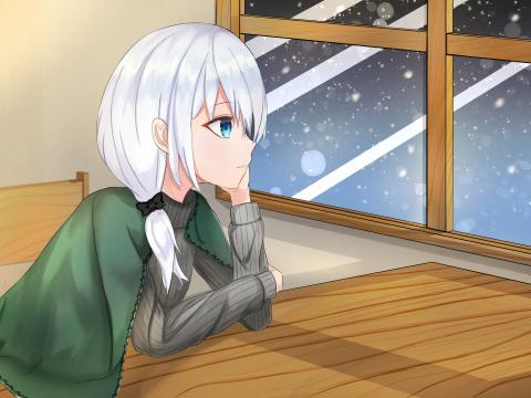 Girl Glance Window Snow Winter Cozy Anime