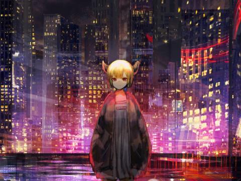 Girl Horns City Buildings Anime Art