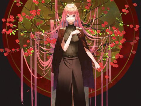 Girl Sakura Branches Flowers Anime
