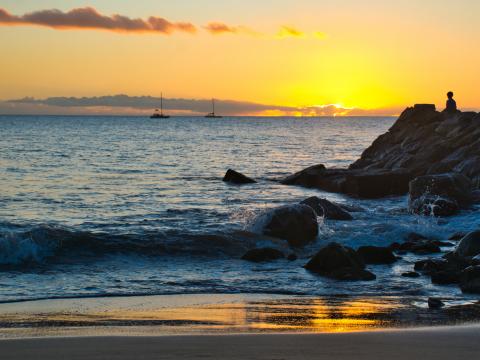 Silhouette Alone Rocks Sea Horizon Sunset